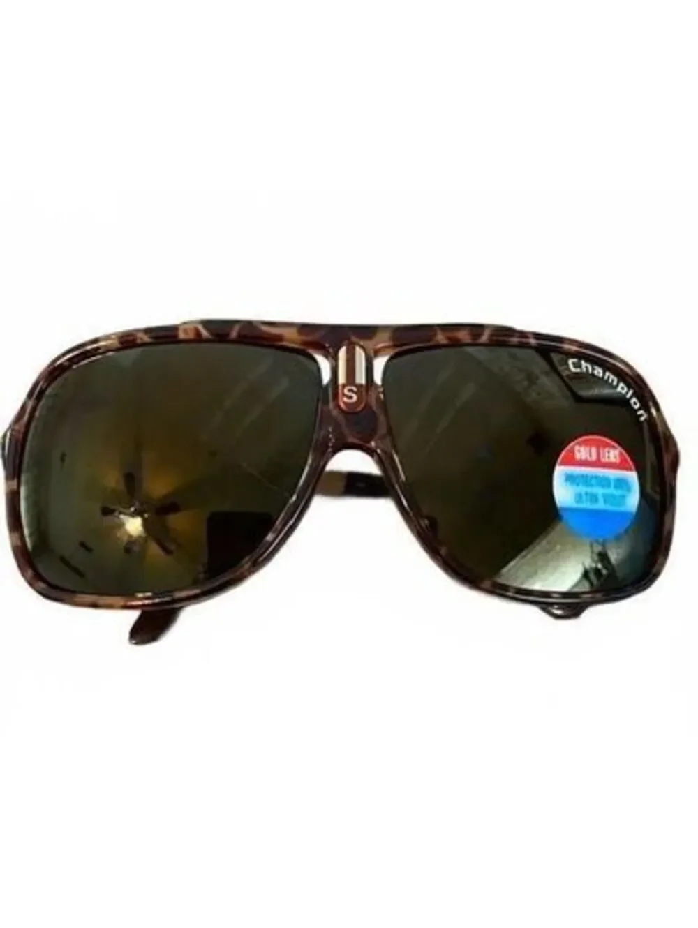 VTG Champion Tortoiseshell Aviator Sunglasses Gold Metal Arms Shield Sport Shade